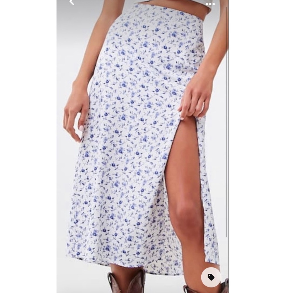 White and blue floral midi skirt